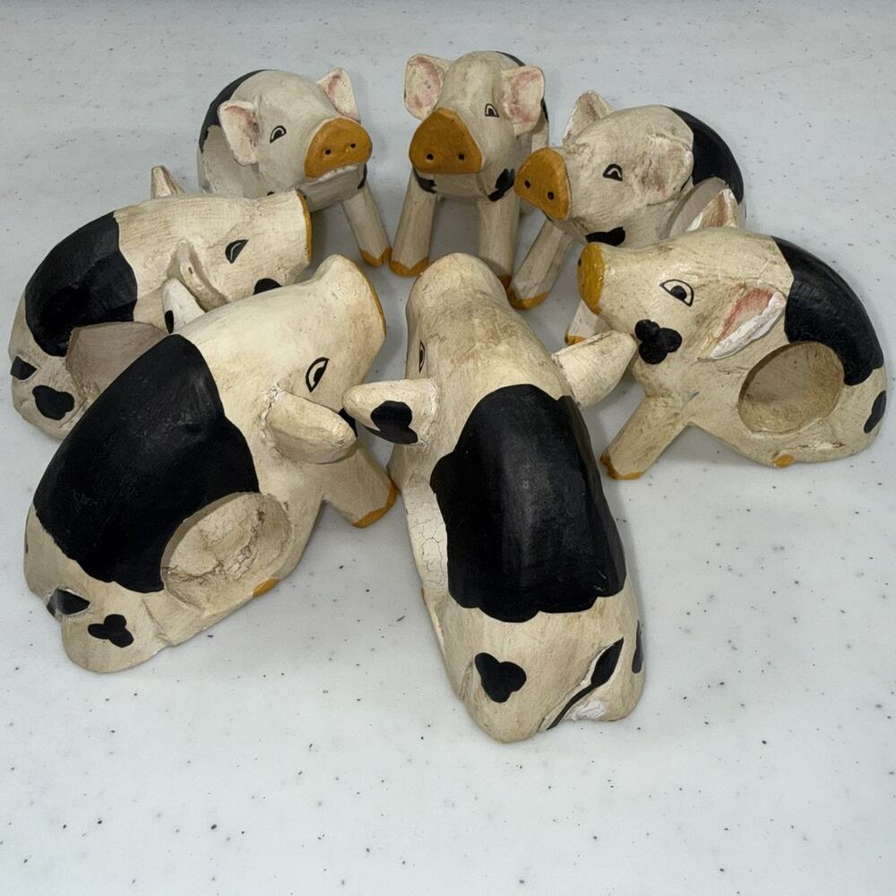 Pig Napkin Rings Set of 7 Black White Farmhouse Country Table Decor
